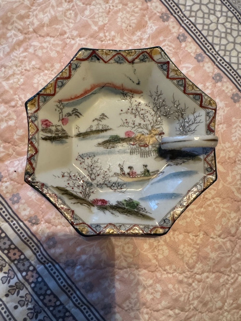 Octagonal Decorative Porcelain Dish in Cream, Pink, Gold Japan